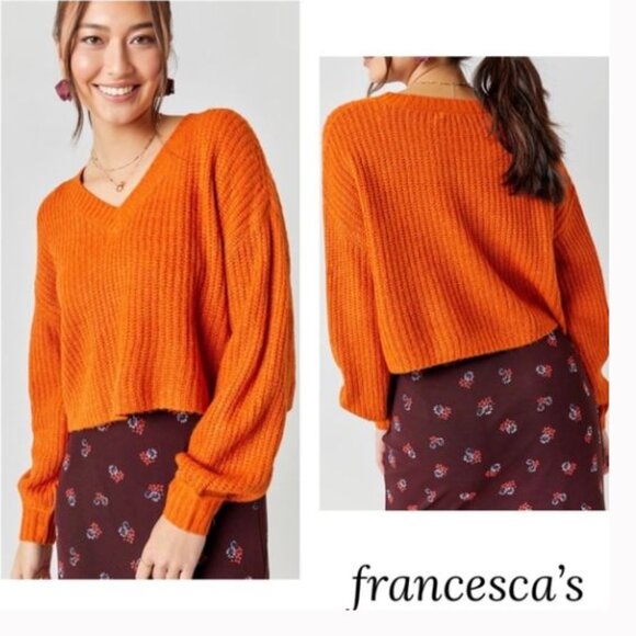 NWT Francesca’s Addison V-Neck Orange Cropped Sweater Size S - Picture 1 of 11